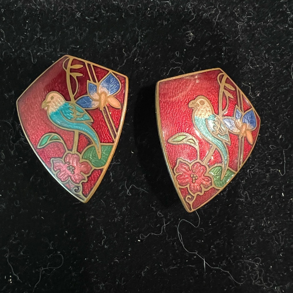 Cloisonné Vintage Bird and Floral Earrings